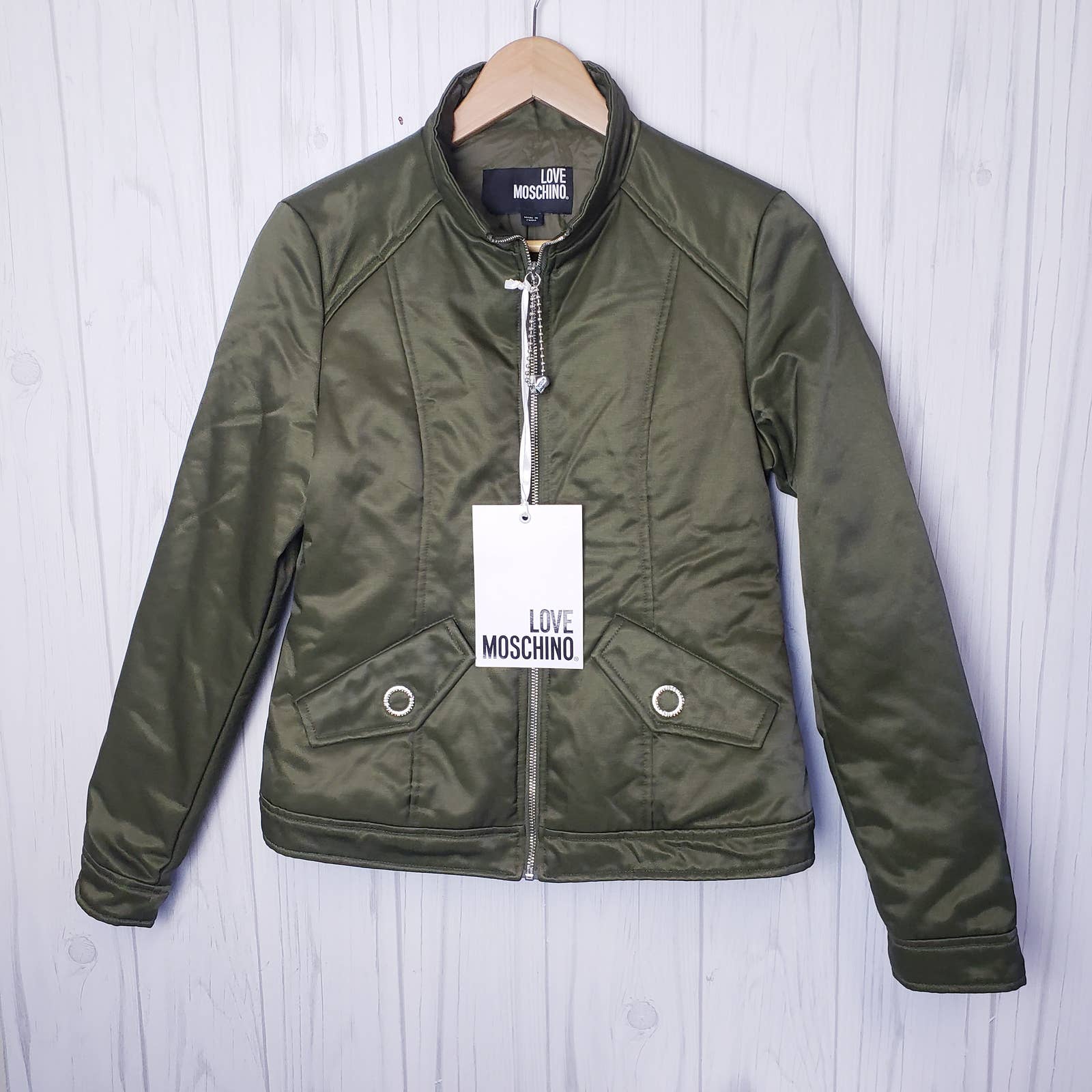 Nwt Love Moschino Eu 40 Satin Look Padded Jacket Pockets Full Zip In Olive Green